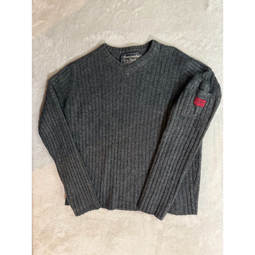 Abercrombie & Fitch Mens V Neck Pullover Lambs Wool Sweater Gray Size Large 386